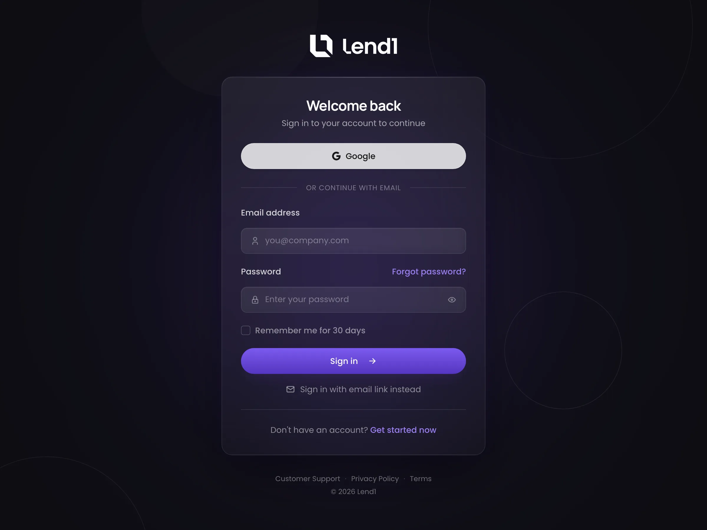 Lend1 platform login screen