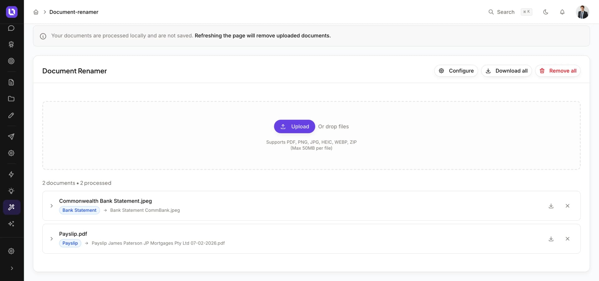 AI Doc Renamer in the Lend1 platform