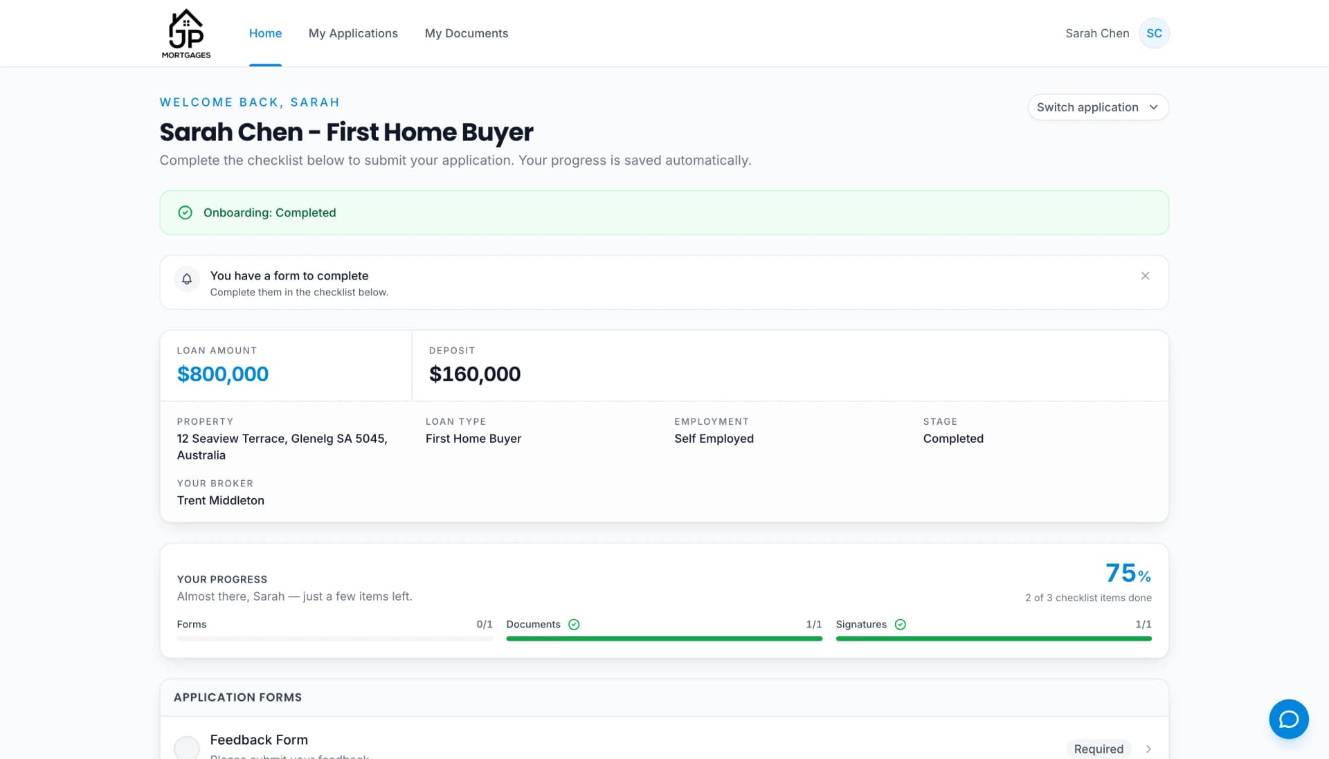 The Lend1 customer portal home page showing an application summary, progress and checklist