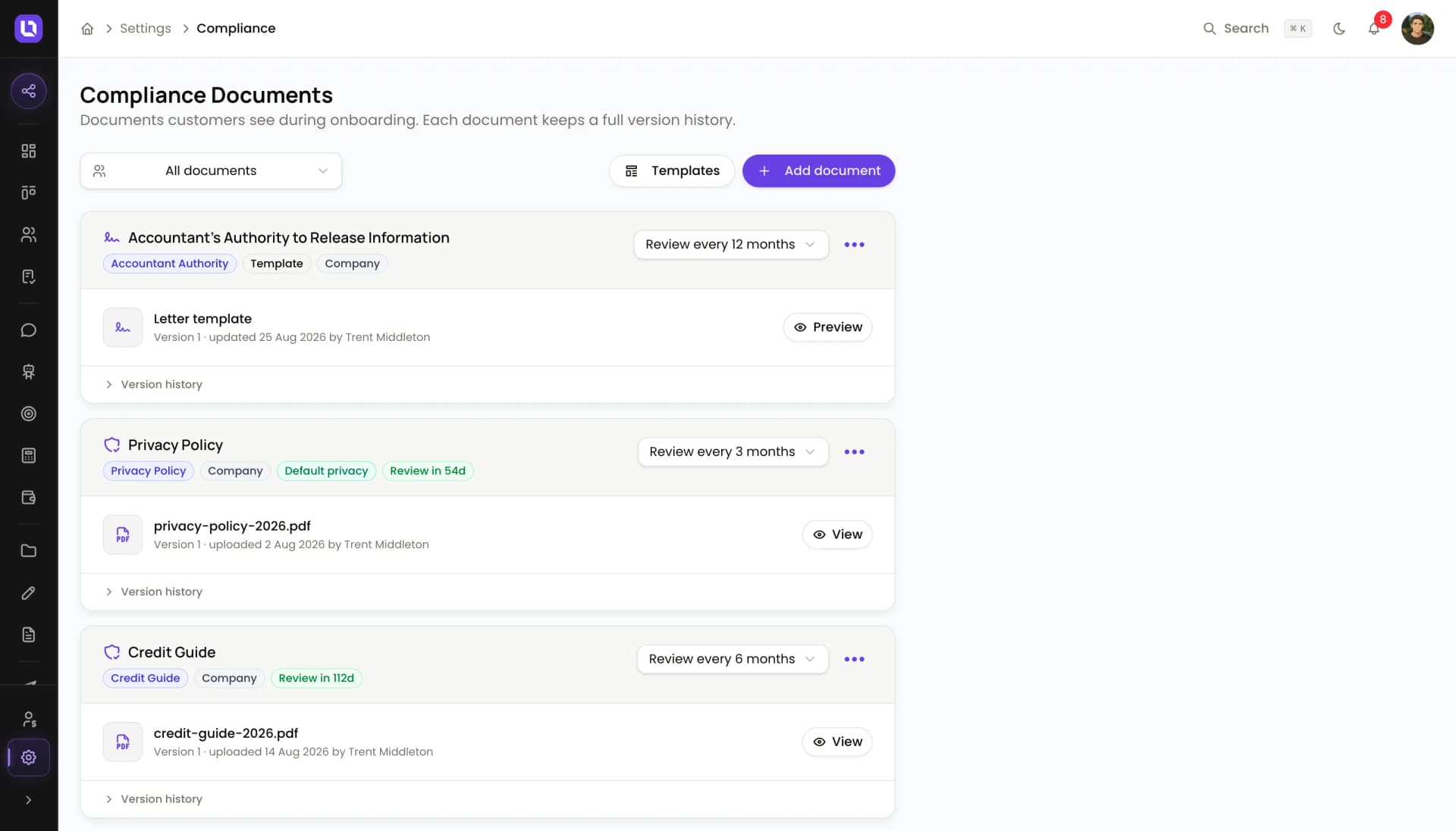 The Lend1 compliance library showing an accountant authority template, privacy policy and credit guide with review cadences