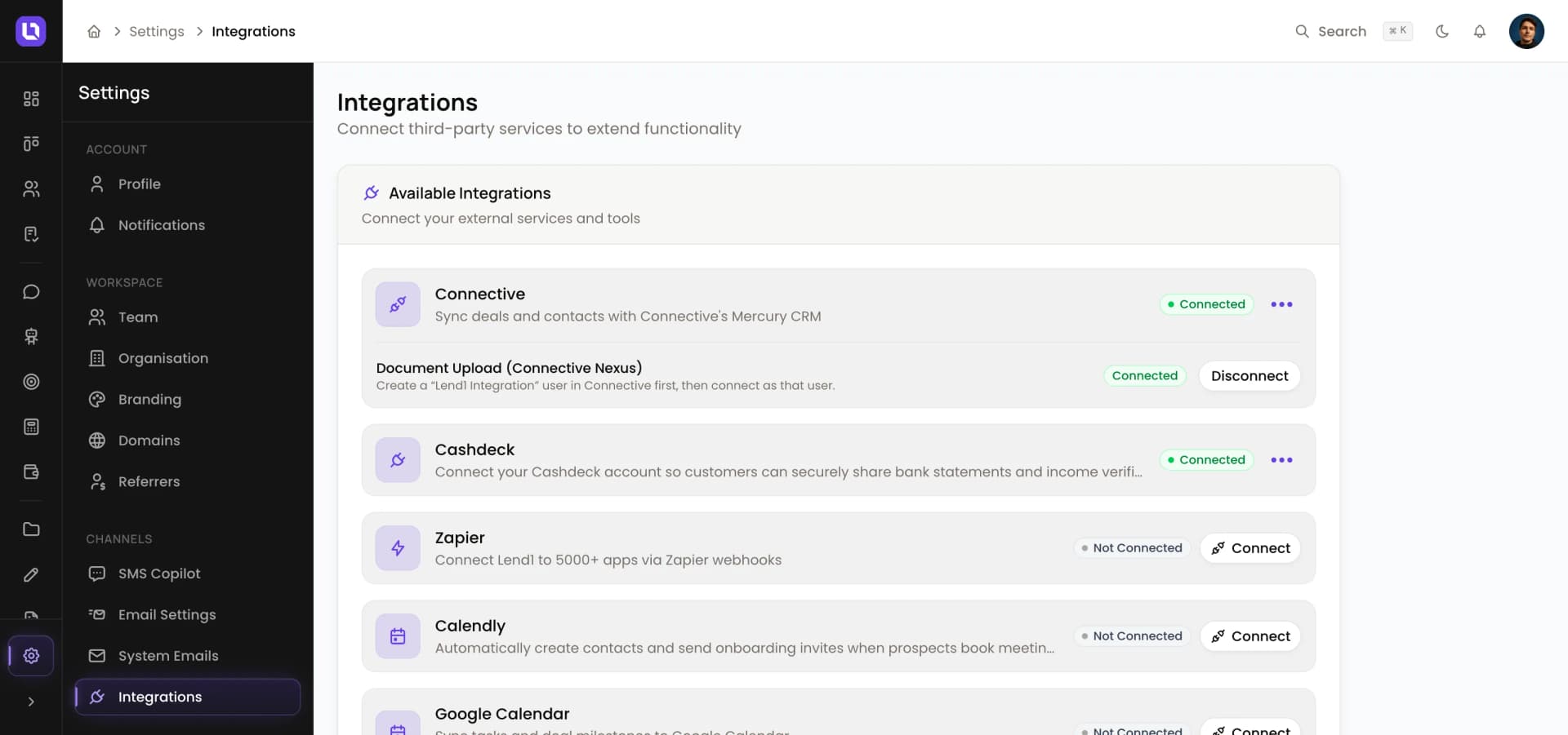 Integrations & API in the Lend1 platform