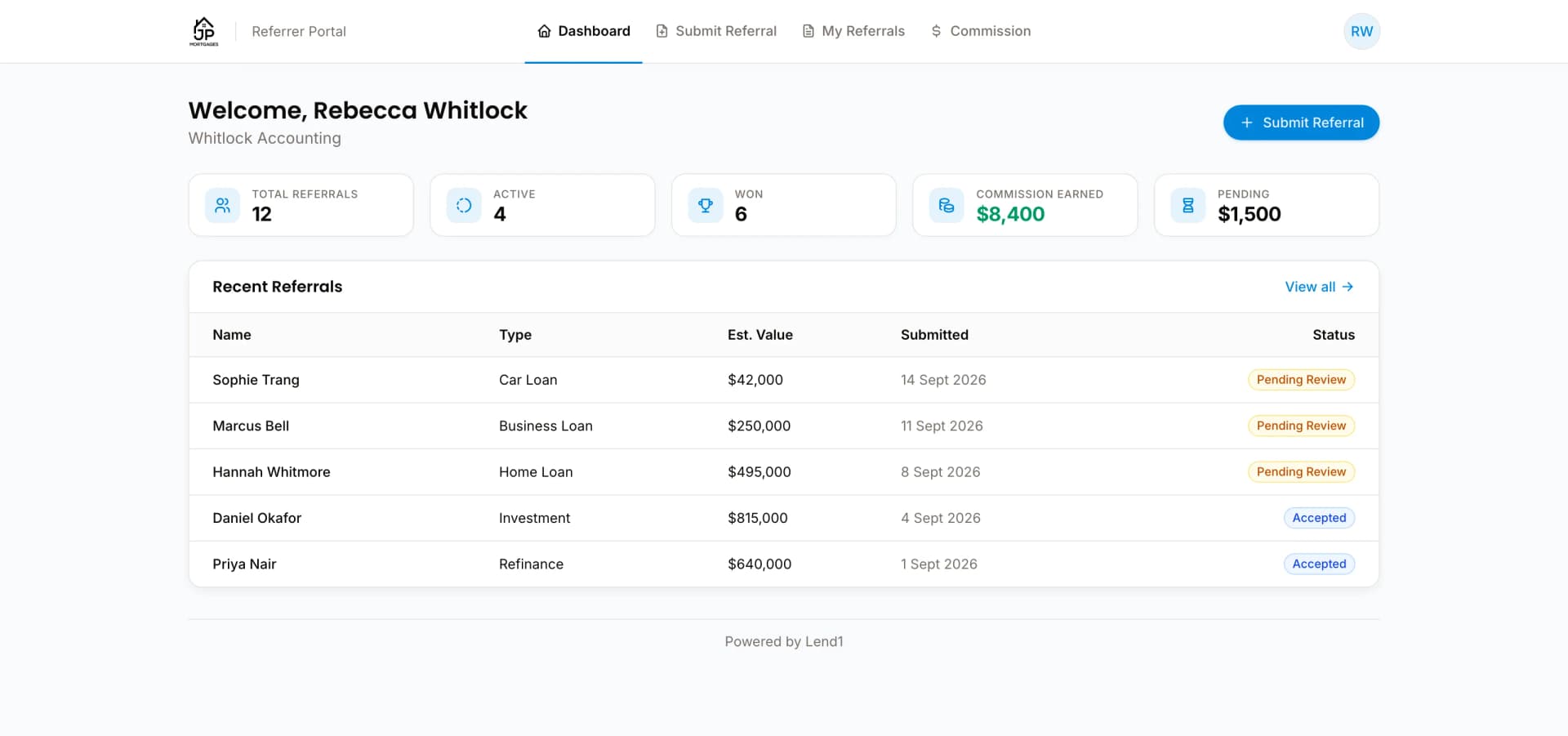 Referrer Portal in the Lend1 platform