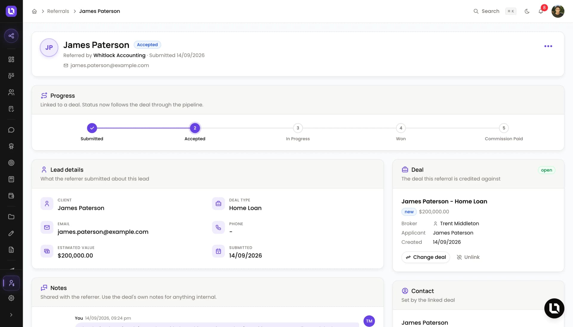 The staff view of a referral in Lend1 showing progress, lead details, the notes thread and the linked deal