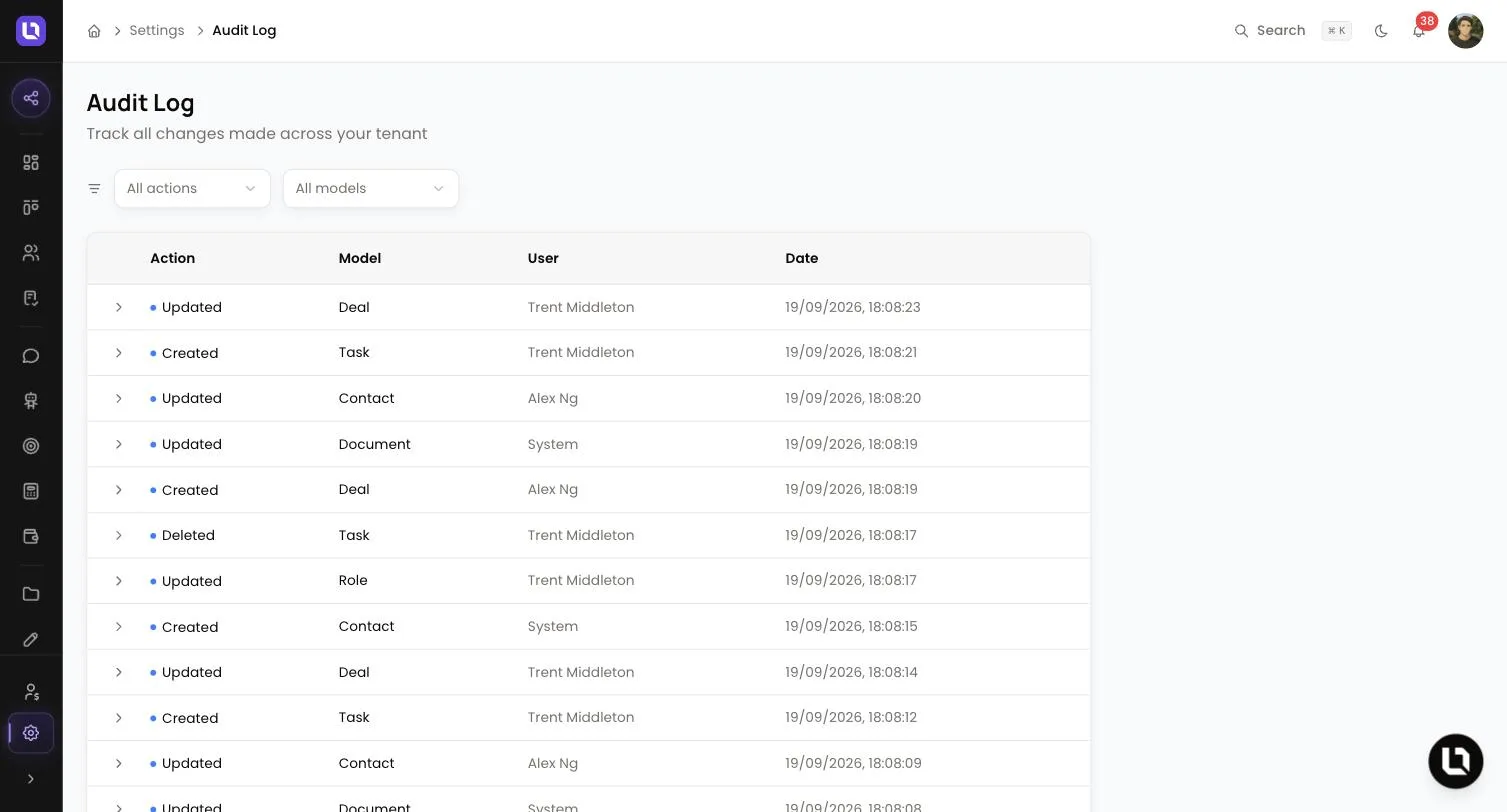 Audit Log page in Lend1 settings, showing the All actions and All models filters and a table of entries with their Action, Model, User and Date
