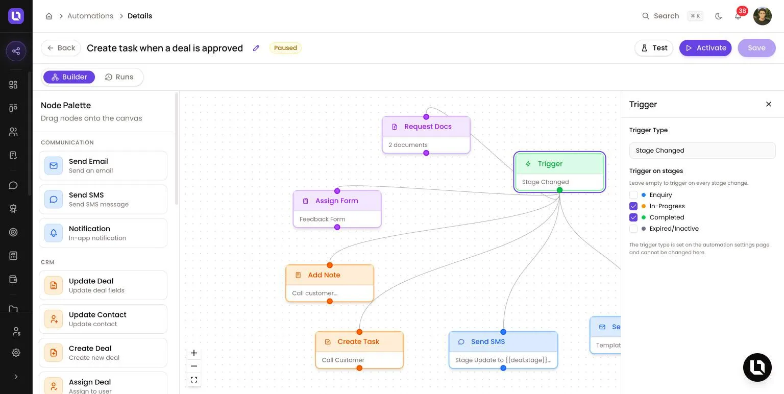 Automation Builder tab in Lend1, showing the Node Palette, a flow on the canvas and the Trigger panel with stages ticked under Trigger on stages