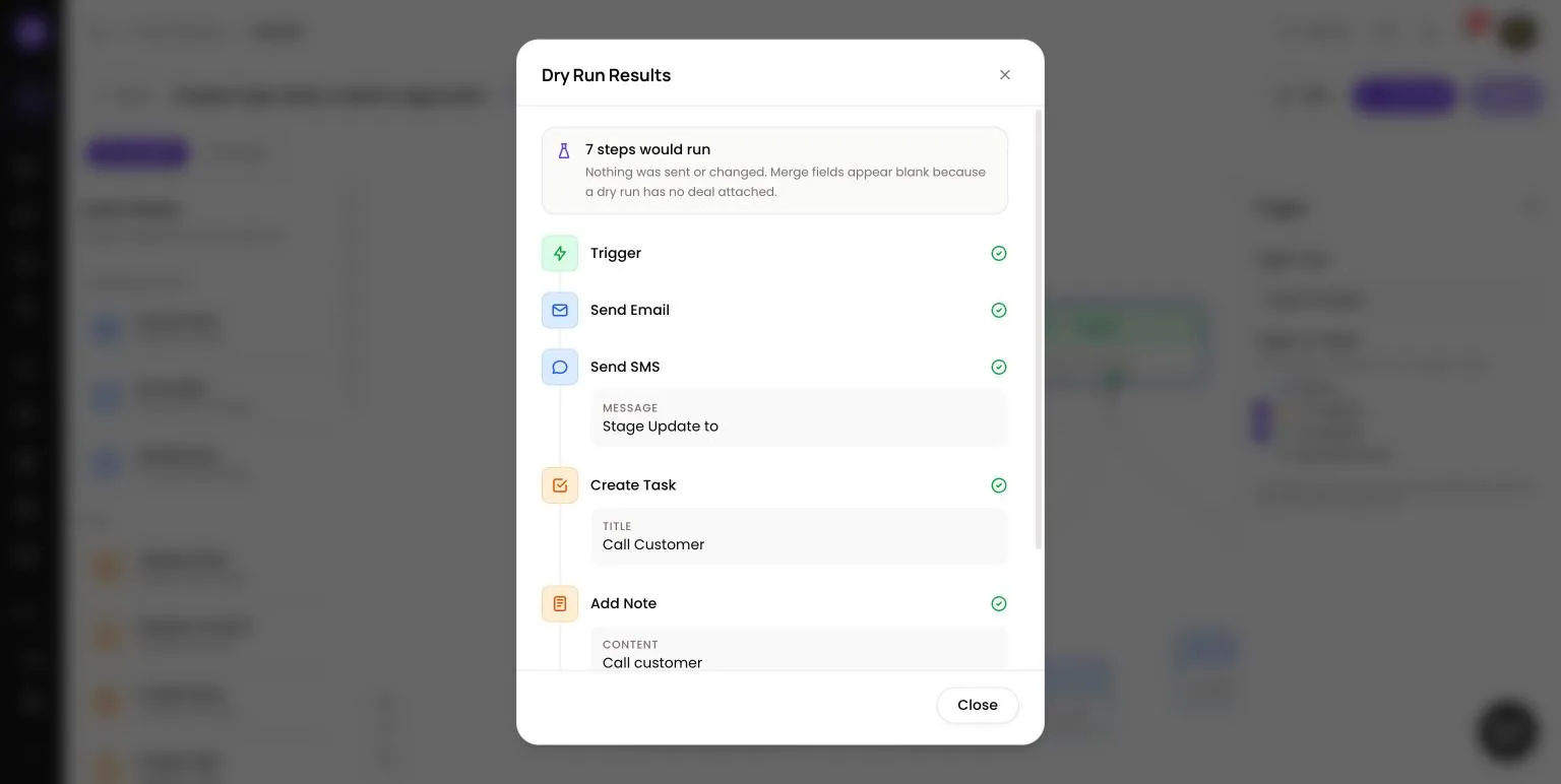 Dry Run Results dialog in Lend1 listing each step that would run, with a note that nothing was sent or changed