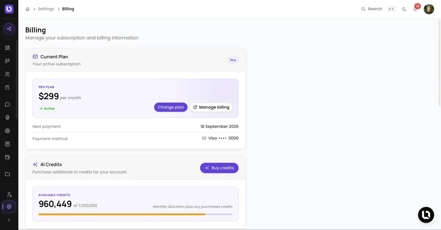 Billing page in Lend1 settings, showing the Current Plan card with Change plan and Manage billing buttons, the next payment date, the payment method and the AI Credits card with Buy credits