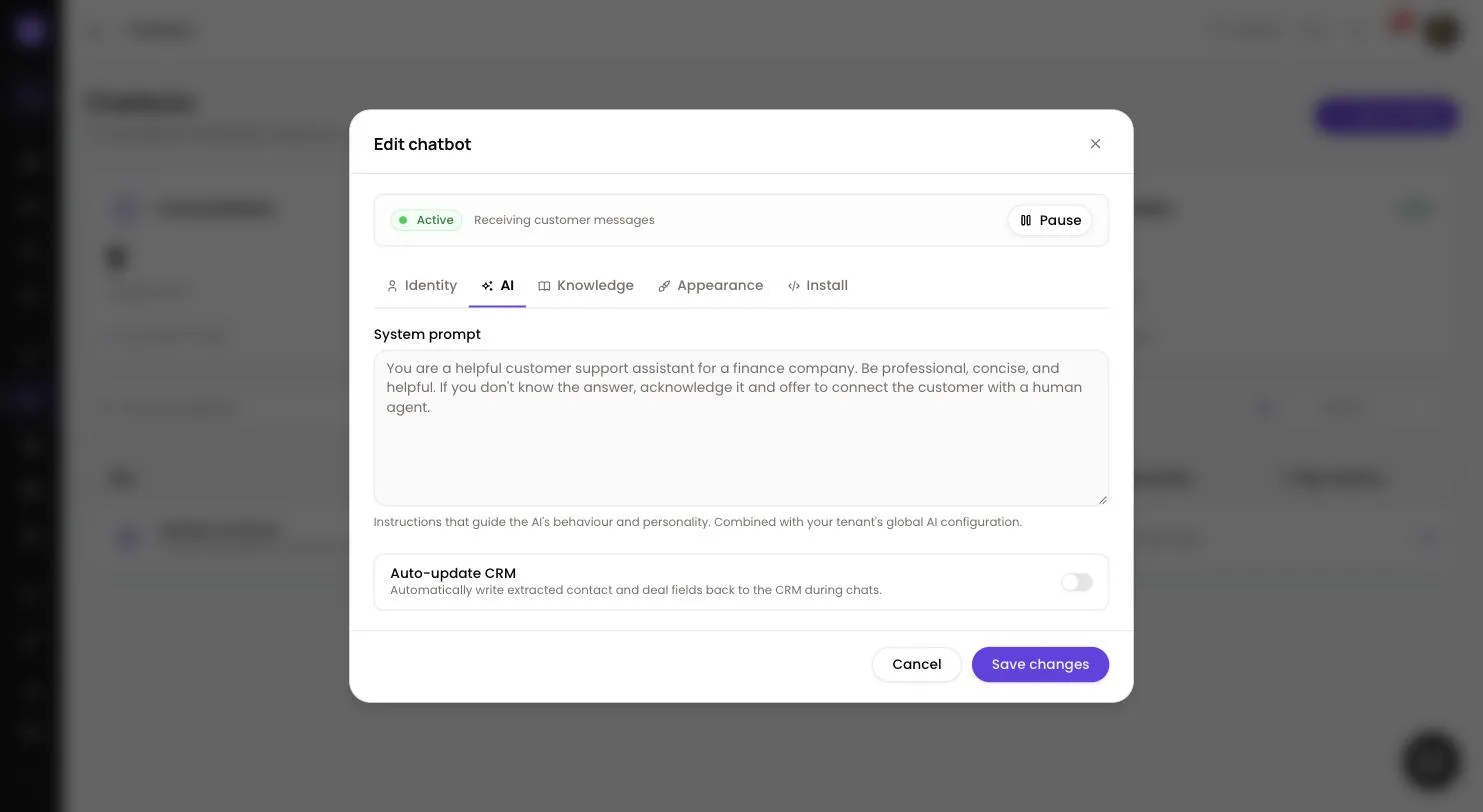 Edit chatbot dialog in Lend1 on the AI tab, showing the Active status strip with a Pause button, the System prompt box and the Auto-update CRM switch