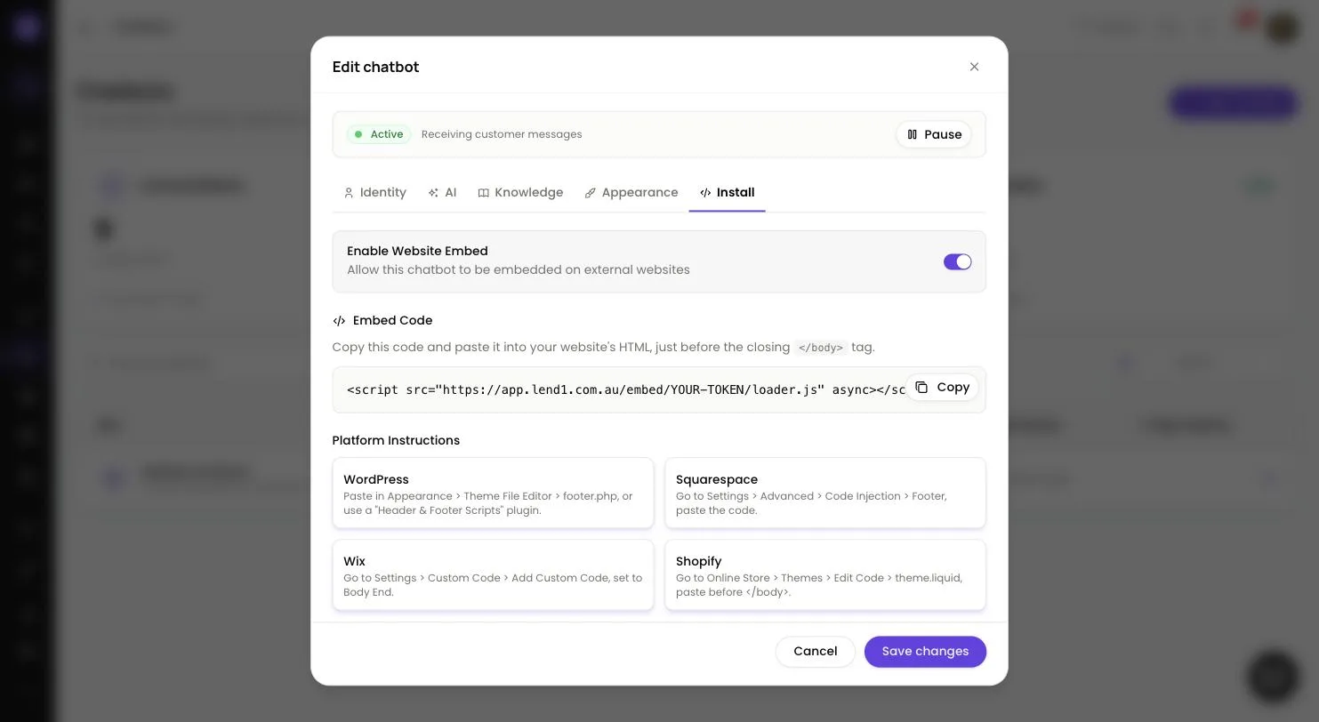 Edit chatbot dialog in Lend1 on the Install tab, showing Enable Website Embed switched on, the Embed Code snippet with a Copy button and platform instructions
