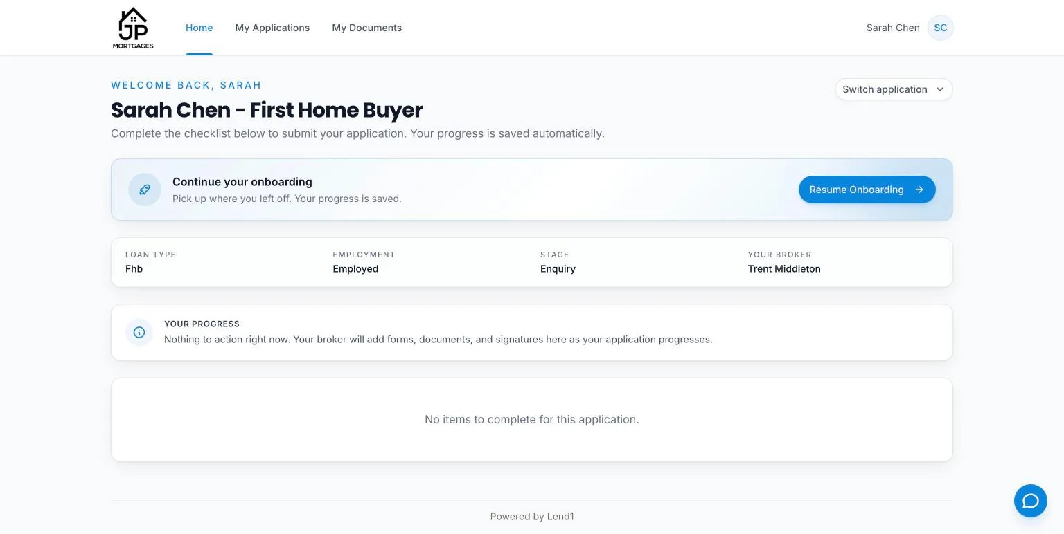 Client portal application page, showing a Continue your onboarding card with a Resume Onboarding button, the loan type, stage and broker, and the Your Progress checklist