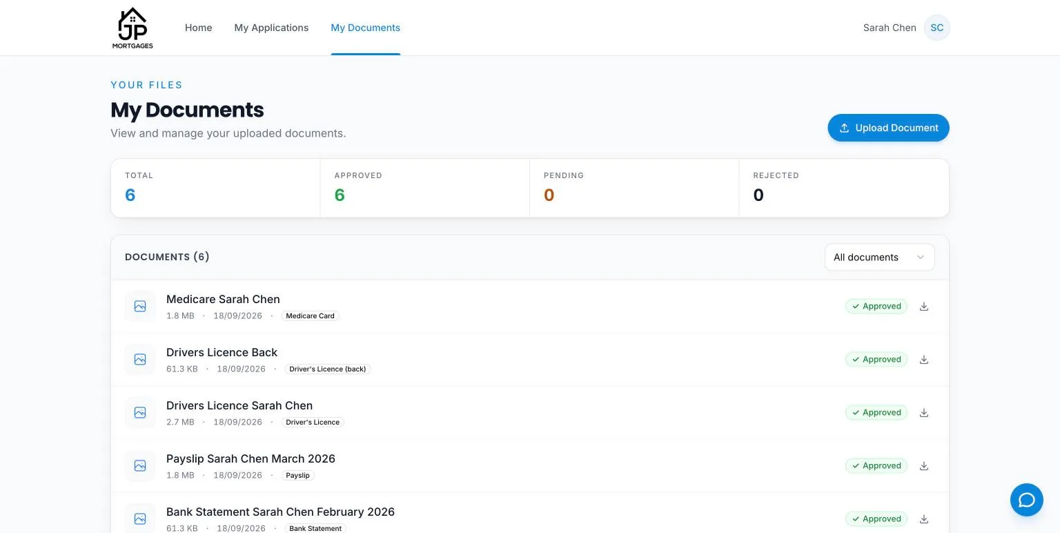 My Documents page in the client portal, showing Total, Approved, Pending and Rejected counts, an Upload Document button and a list of documents with their category and status