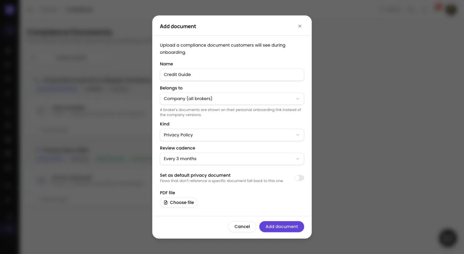 Add document dialog in Lend1 with Name, Belongs to, Kind, Review cadence, a default privacy document switch and a PDF file chooser