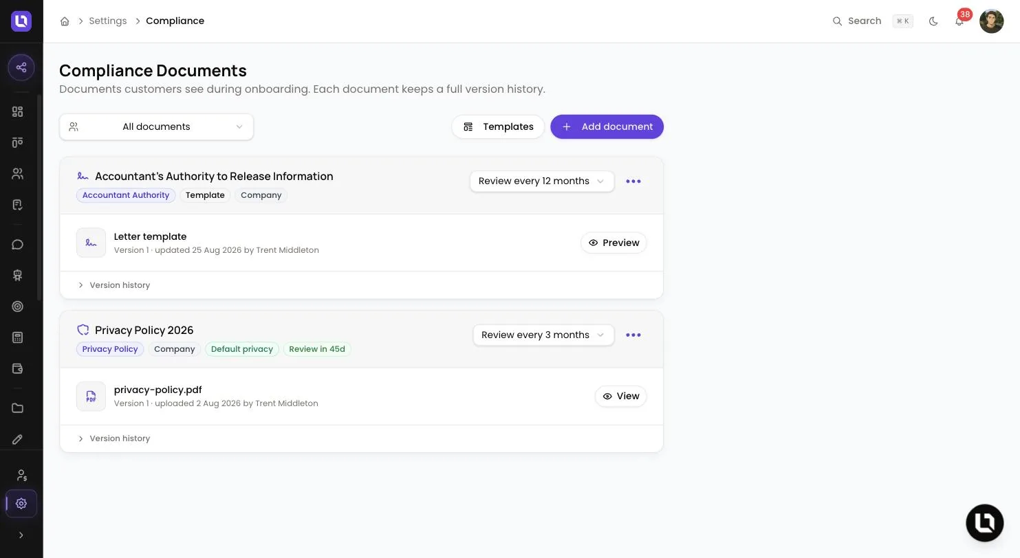 Compliance Documents page in Lend1 settings, showing the owner dropdown, Templates and Add document buttons, and two document cards with their kind, review cadence and version history