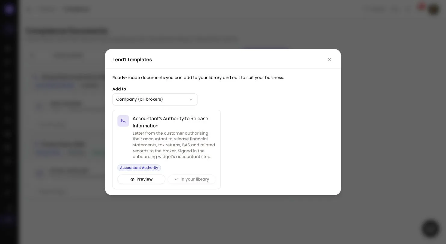 Lend1 Templates dialog showing the Add to dropdown and the Accountant’s Authority to Release Information template with Preview and In your library buttons