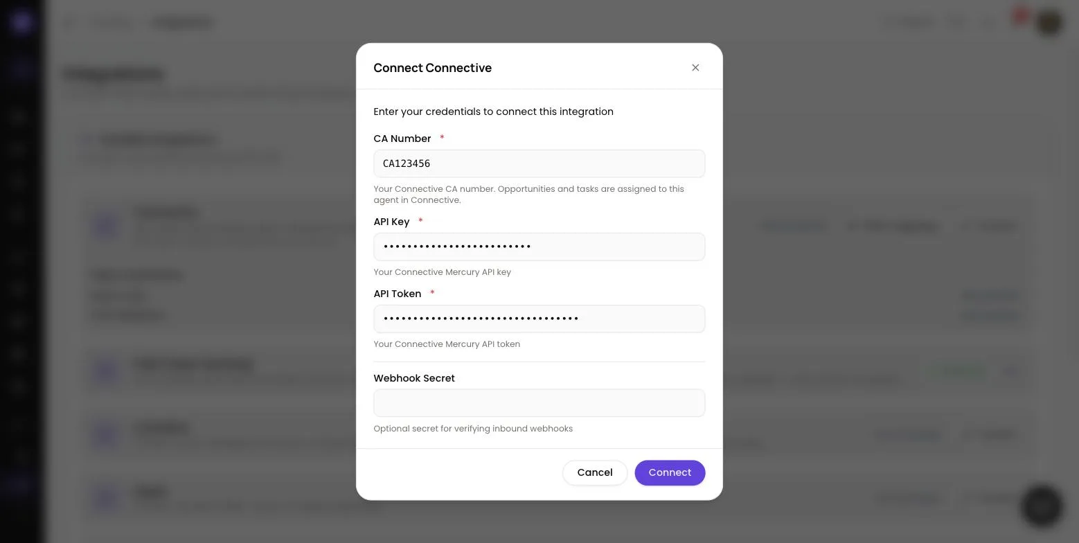 Connect Connective dialog in Lend1 with the CA Number, API Key and API Token fields filled in and the optional Webhook Secret field left blank