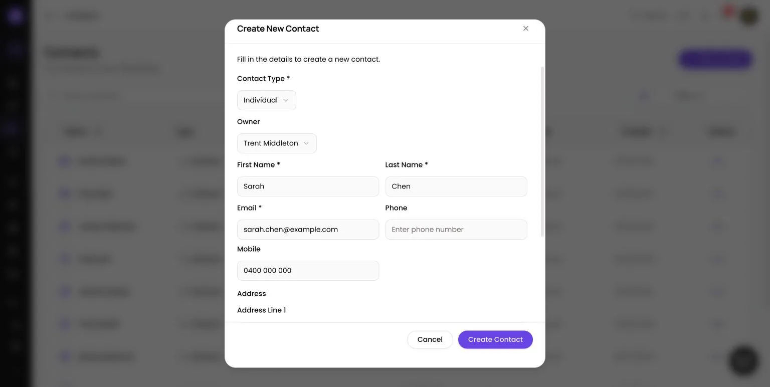Create New Contact dialog in Lend1 filled in with Contact Type, Owner, First Name, Last Name, Email and Mobile