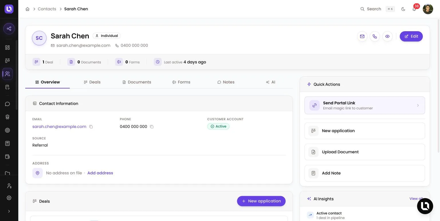 Contact record in Lend1 on the Overview tab, showing the tab row, the Contact Information card and the Quick Actions panel