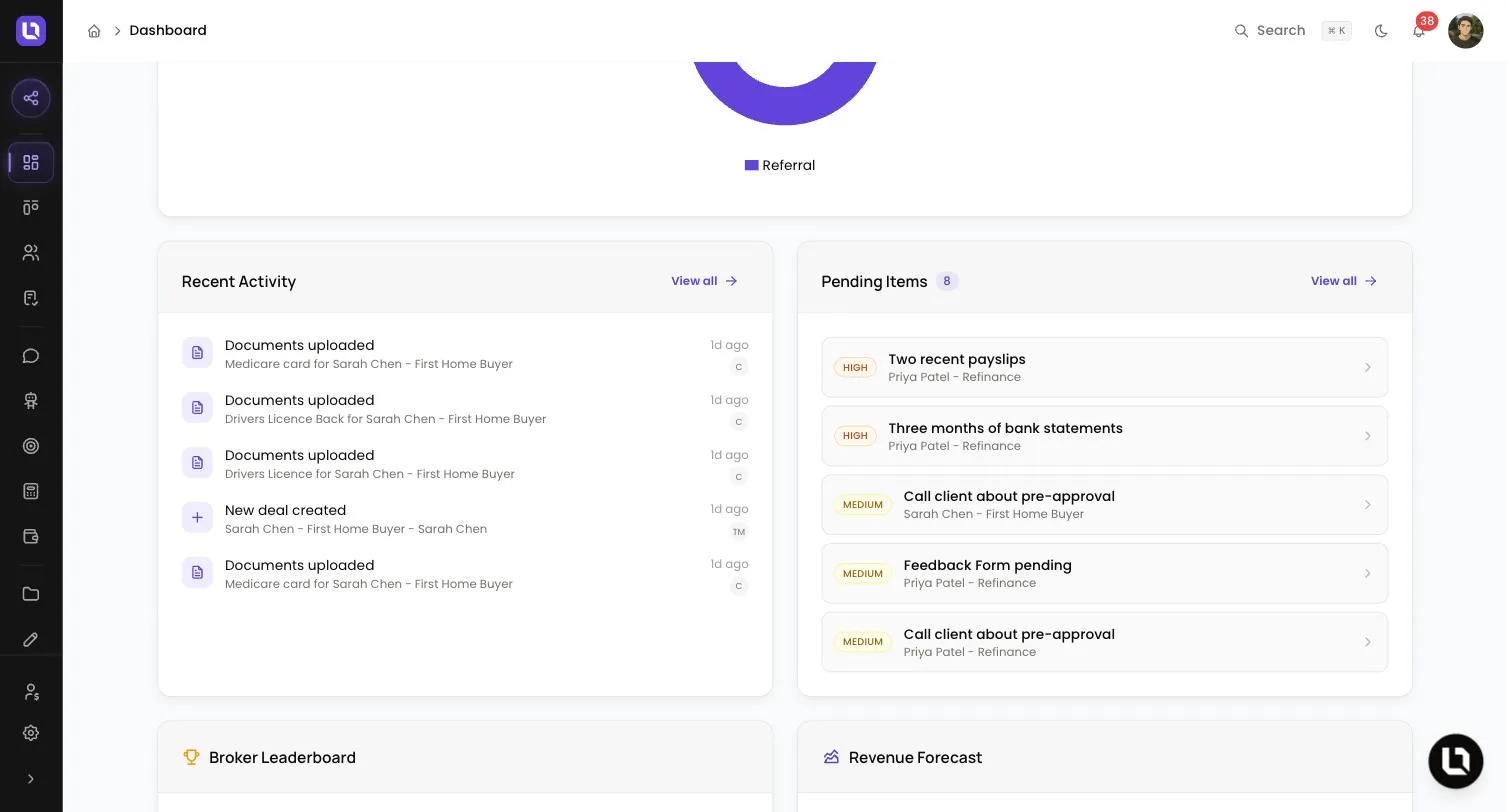 Recent Activity and Pending Items panels on the Lend1 dashboard, listing recent document uploads and a new deal beside outstanding document requests, tasks and forms