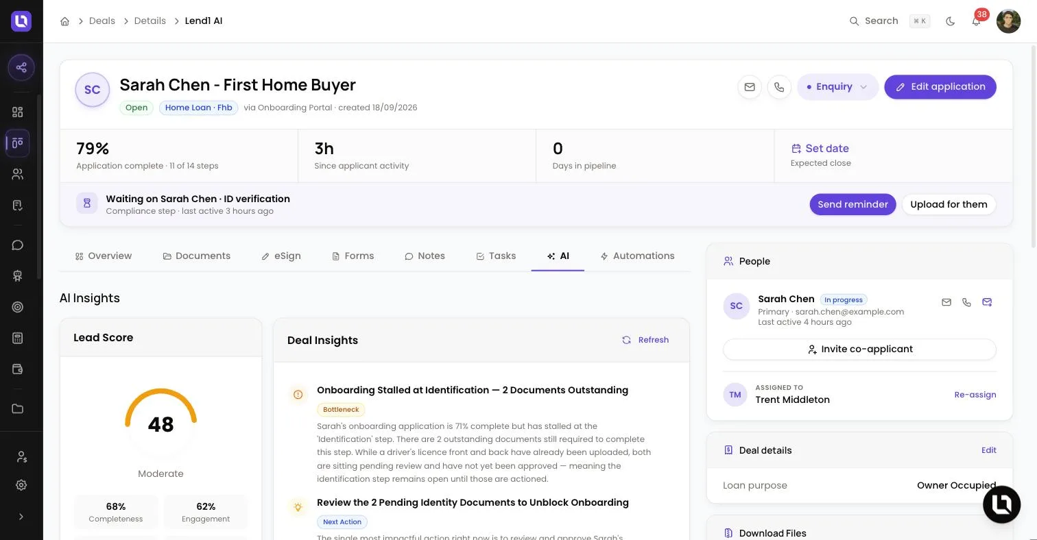 AI tab on a deal in Lend1, showing a Lead Score of 48 labelled Moderate beside the Deal Insights card with a Refresh button and Bottleneck and Next Action insights