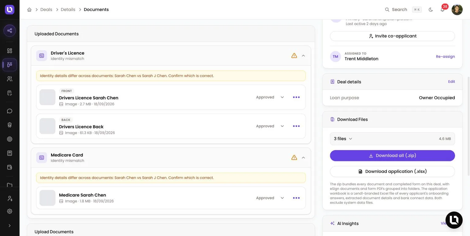 Documents tab on a deal in Lend1, showing uploaded identity documents with their Approved status and row menus, an identity mismatch warning, and the Download Files card