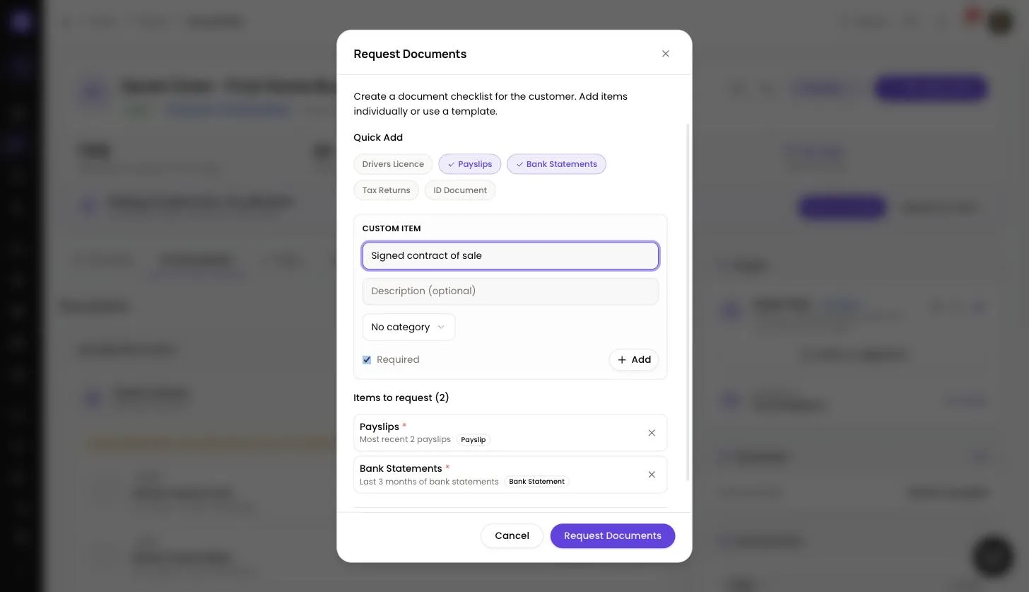 Request Documents dialog with Payslips and Bank Statements chosen under Quick Add, a Custom Item being typed, and the Items to request list