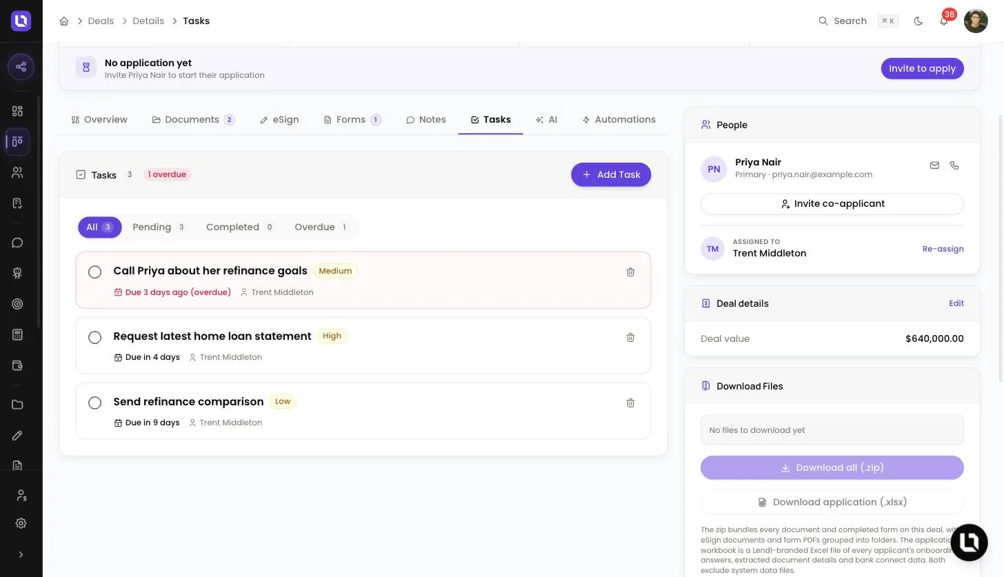 Tasks tab inside a deal, showing the filter pills with counts, the Add Task button and three tasks, one of them overdue