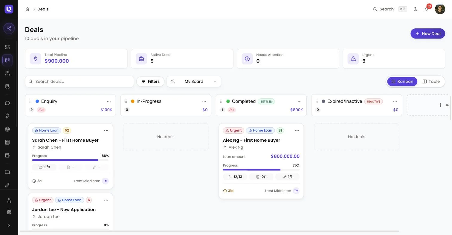 Deals pipeline board in Lend1 with several stages