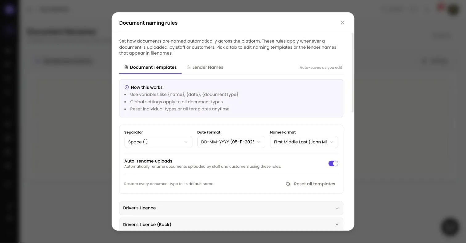 Document naming rules dialog in Lend1 on the Document Templates tab, showing Separator, Date Format, Name Format, the Auto-rename uploads switch and a list of document types