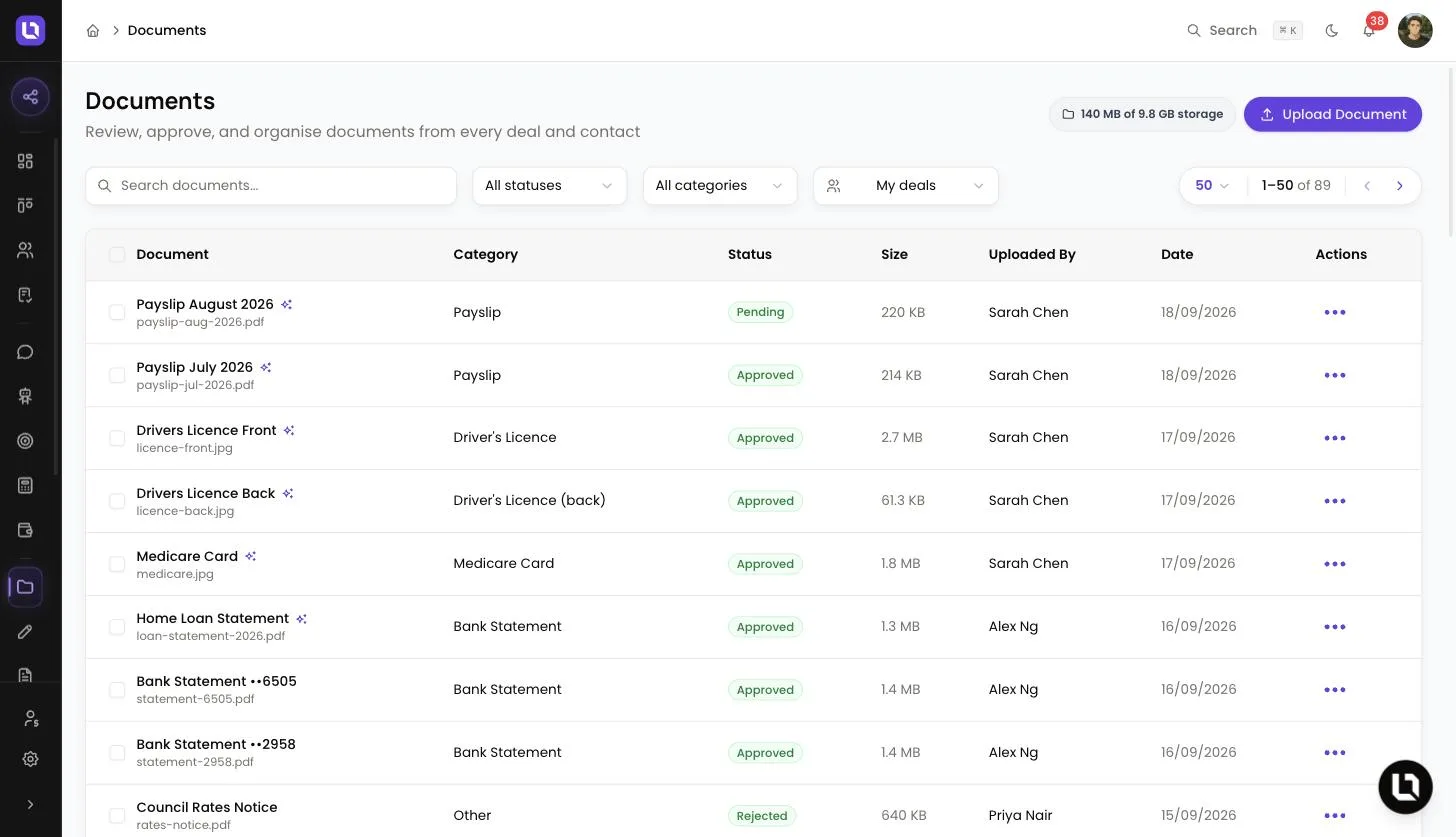 Documents page in Lend1 with the search box, status and category filters, and a list of documents showing category, status, size and who uploaded each one