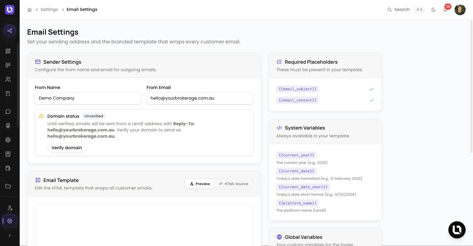 Email Settings page in Lend1, showing From Name and From Email, a Domain status of Unverified with a Verify domain button, and the Required Placeholders and System Variables lists