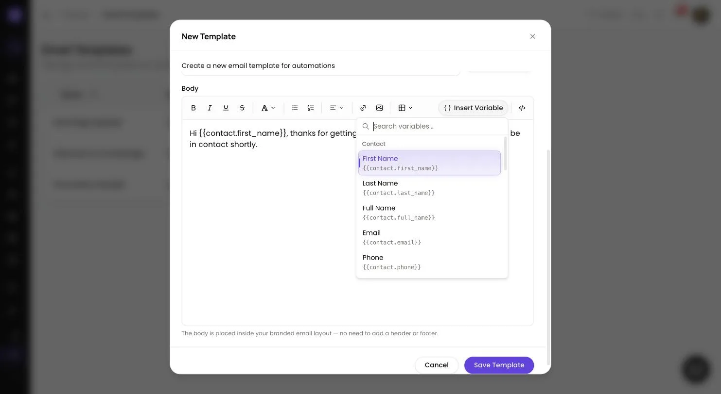 New Template dialog in Lend1 with the Insert Variable list open over the Body editor, showing Contact variables and their merge tags