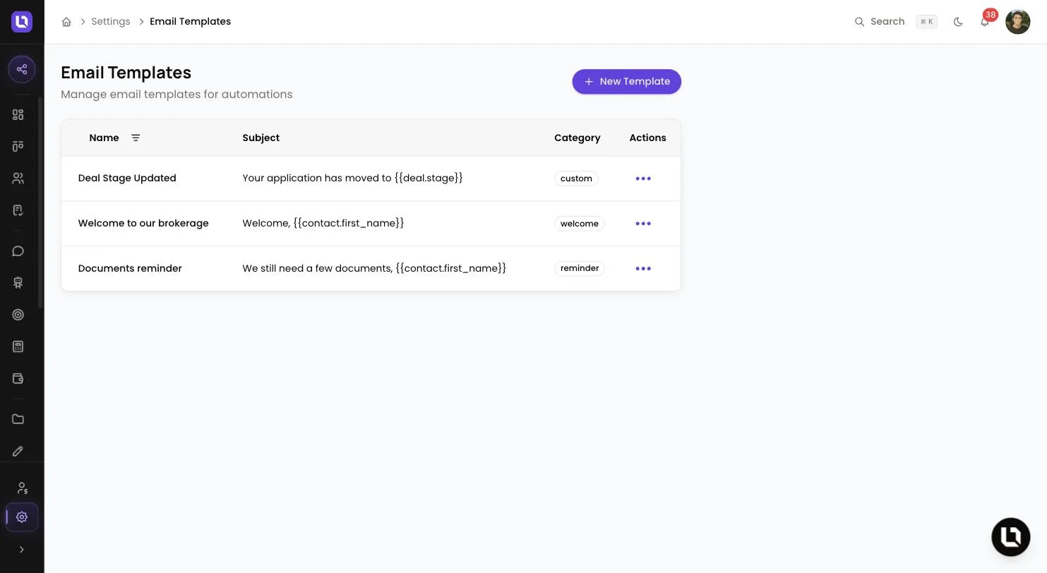 Email Templates page in Lend1 settings, showing a New Template button and a table of templates with their Subject and Category