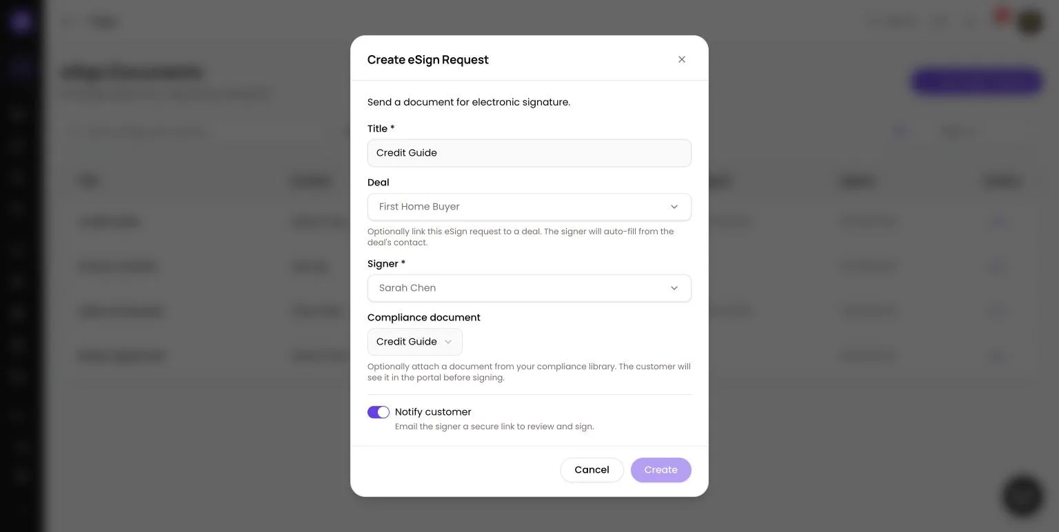 Create eSign Request dialog in Lend1 with Title, Deal, Signer and Compliance document filled in and the Notify customer switch turned on
