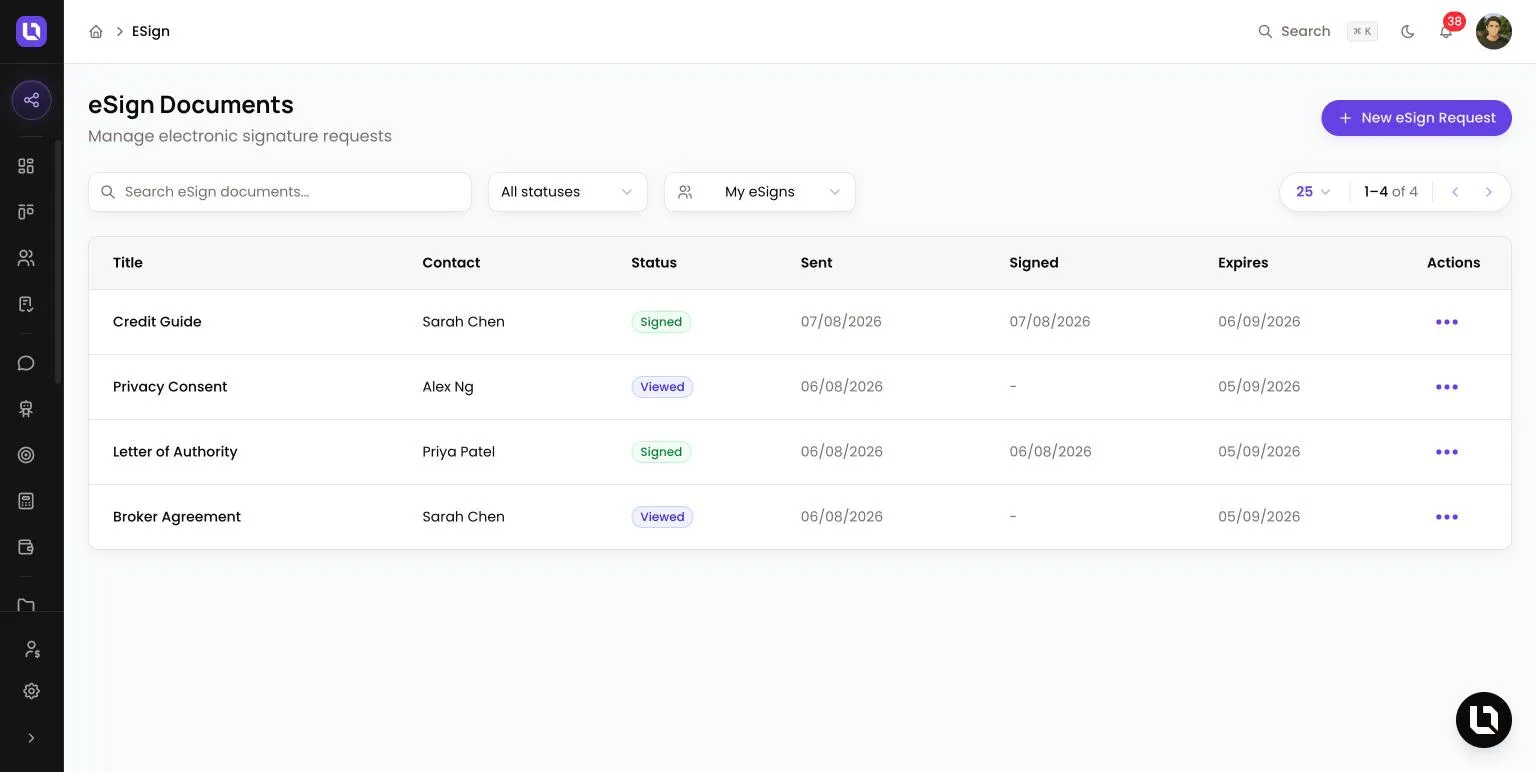 eSign Documents page in Lend1, showing a search box, status filter and a list of requests with their Title, Contact, Status, Sent, Signed and Expires columns