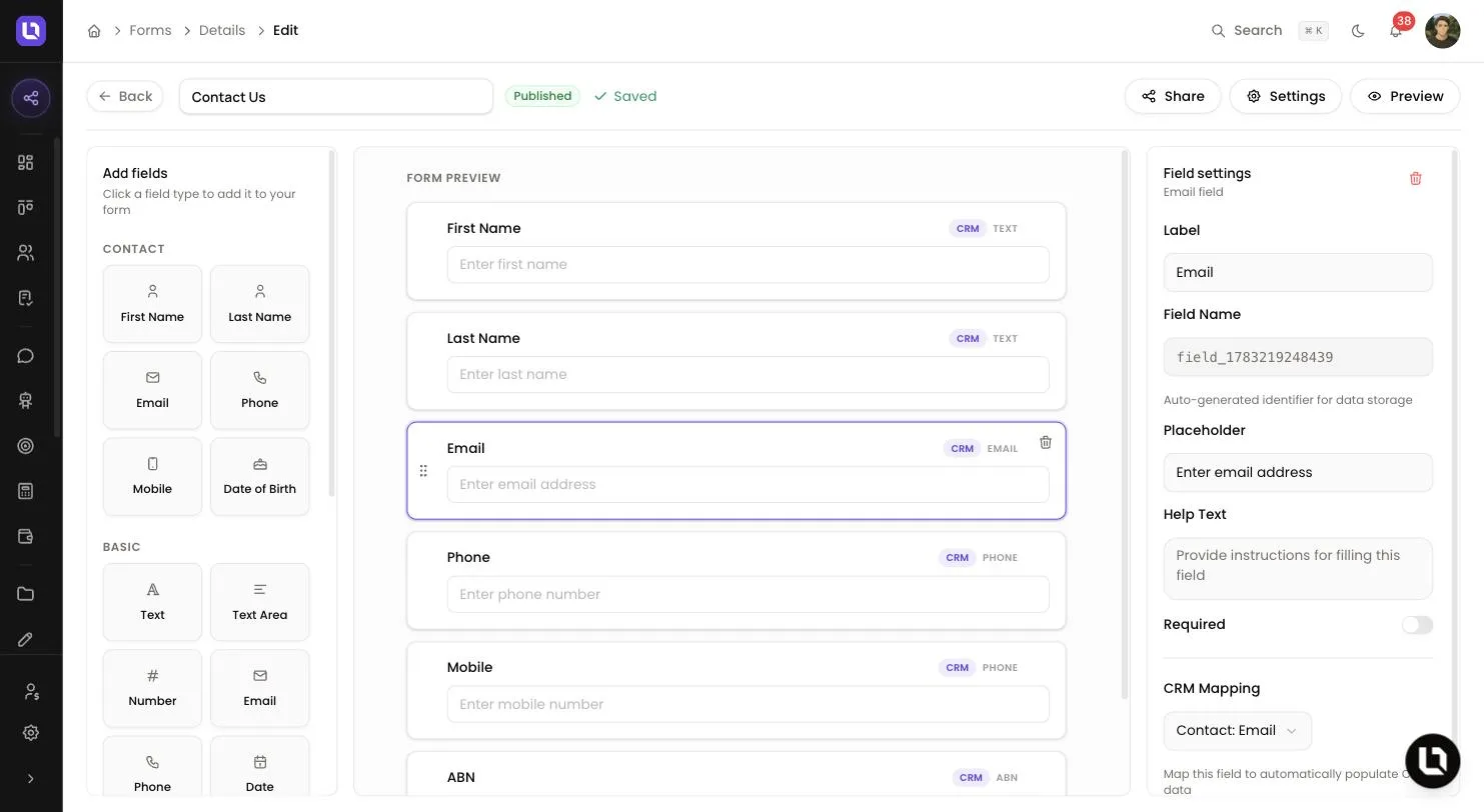 Form builder in Lend1, showing the Add fields palette, the form preview with the Email field selected, and the Field settings panel with Label, Placeholder, Help Text, Required and CRM Mapping