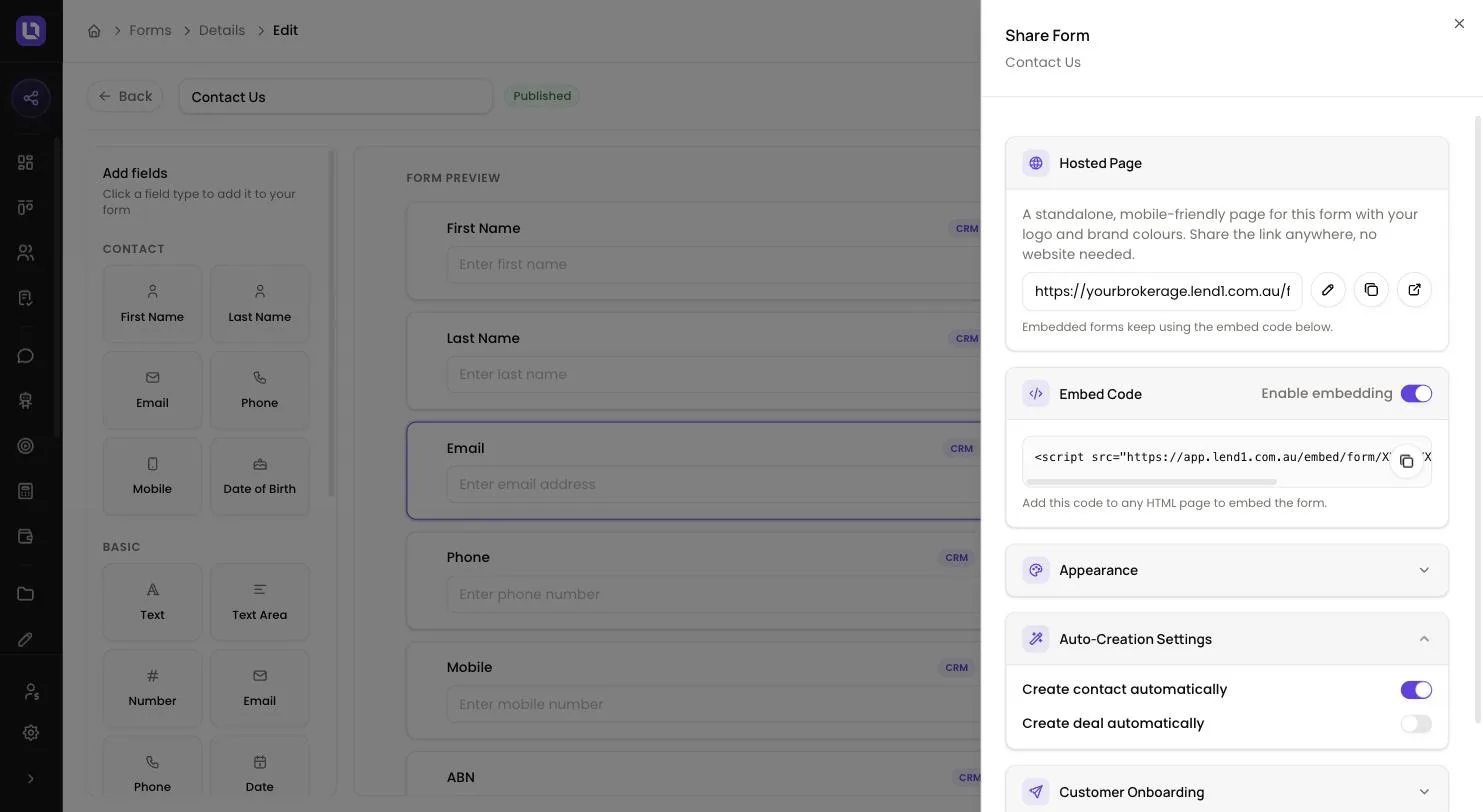 Share Form panel in Lend1, showing the Hosted Page link, the Embed Code with Enable embedding switched on, and Auto-Creation Settings expanded