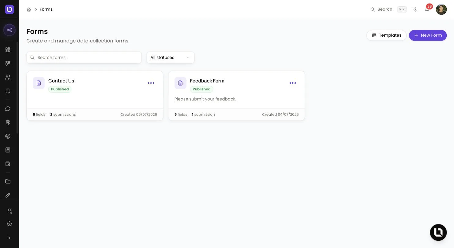 Forms page in Lend1, showing Templates and New Form buttons, a status filter and two Published form cards with their field and submission counts