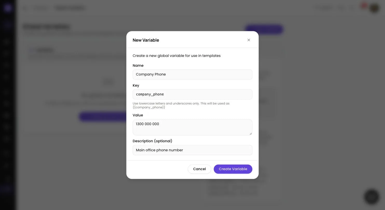 New Variable dialog in Lend1 with Name, Key, Value and Description filled in, and a hint showing how the key is written in a template