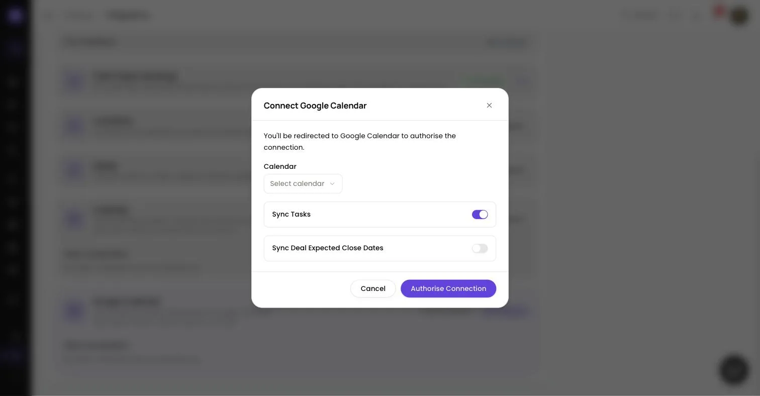 Connect Google Calendar dialog in Lend1 with a Calendar dropdown, Sync Tasks switched on, Sync Deal Expected Close Dates switched off and an Authorise Connection button