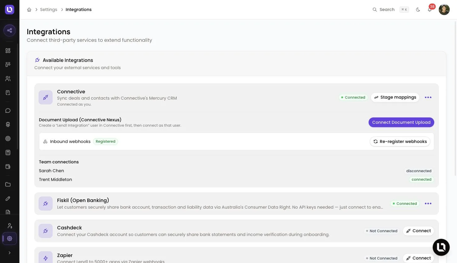 Integrations page in Lend1 settings with the Connective card connected, showing the Stage mappings button, the Document Upload row, Inbound webhooks marked Registered and the Team connections list