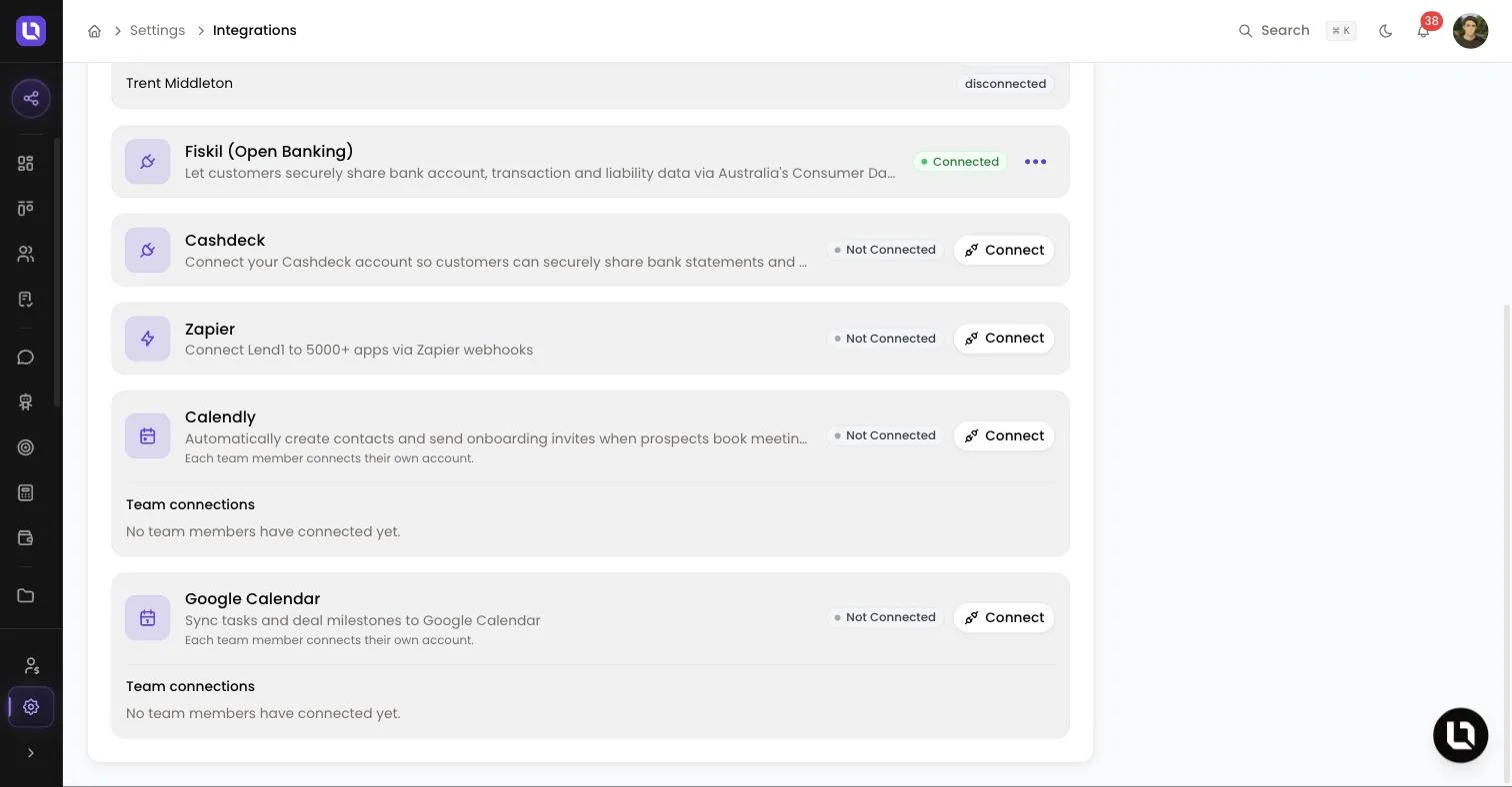 Integrations page in Lend1 settings, showing the Google Calendar row marked Not Connected with a Connect button and a Team connections list