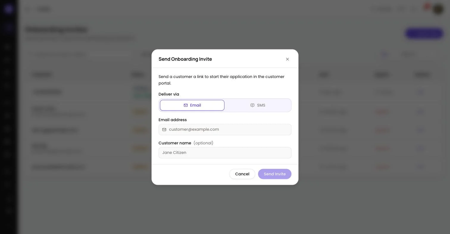 Create invite form in Lend1 with client details and delivery options