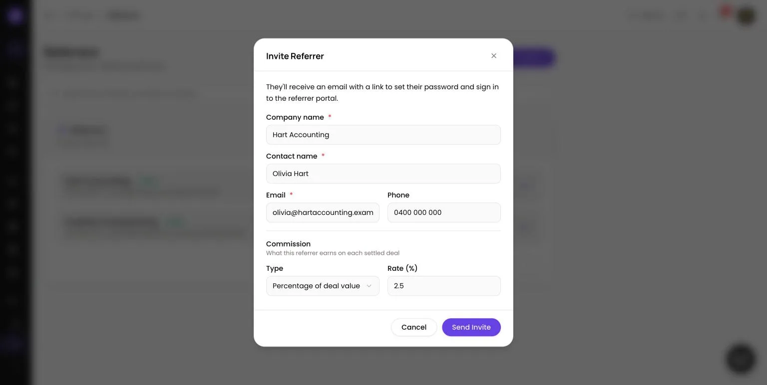 Invite Referrer dialog in Lend1 filled in with a company name, contact name, email, phone and a percentage commission rate