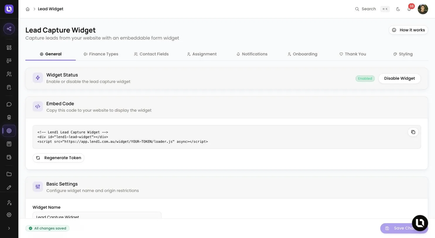 Lead Capture Widget page in Lend1 on the General tab, showing the Widget Status card marked Enabled, the Embed Code snippet with a Regenerate Token button and Basic Settings