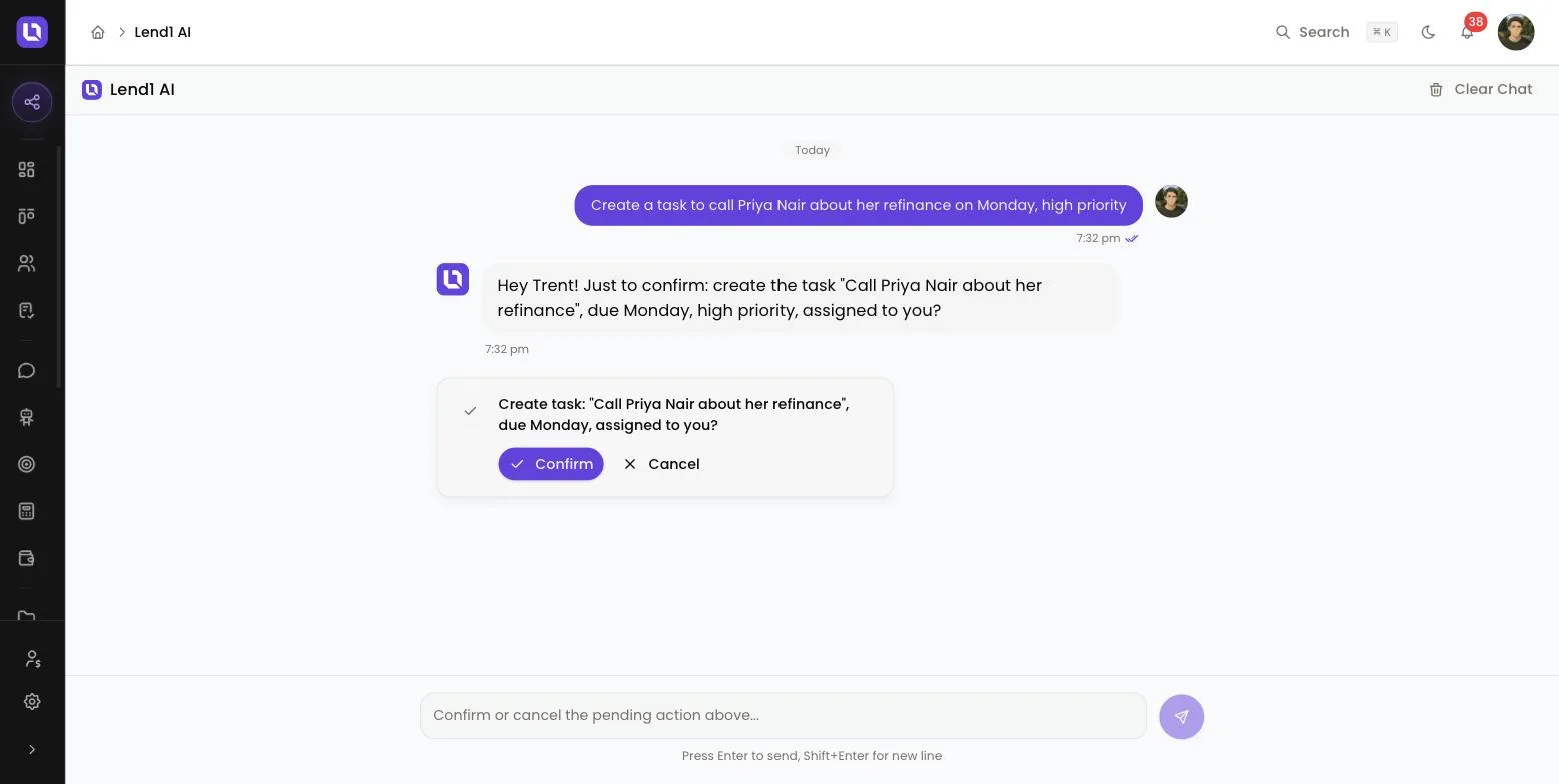 Lend1 AI reply with a confirmation card for creating a task, showing the Confirm and Cancel buttons