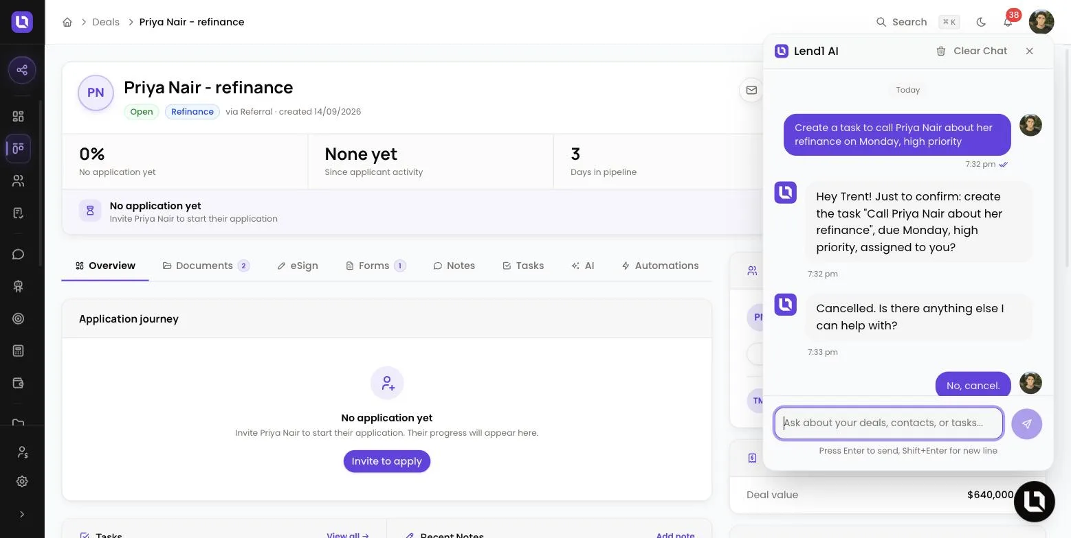 Deal page with the floating Lend1 AI panel open in the bottom right corner