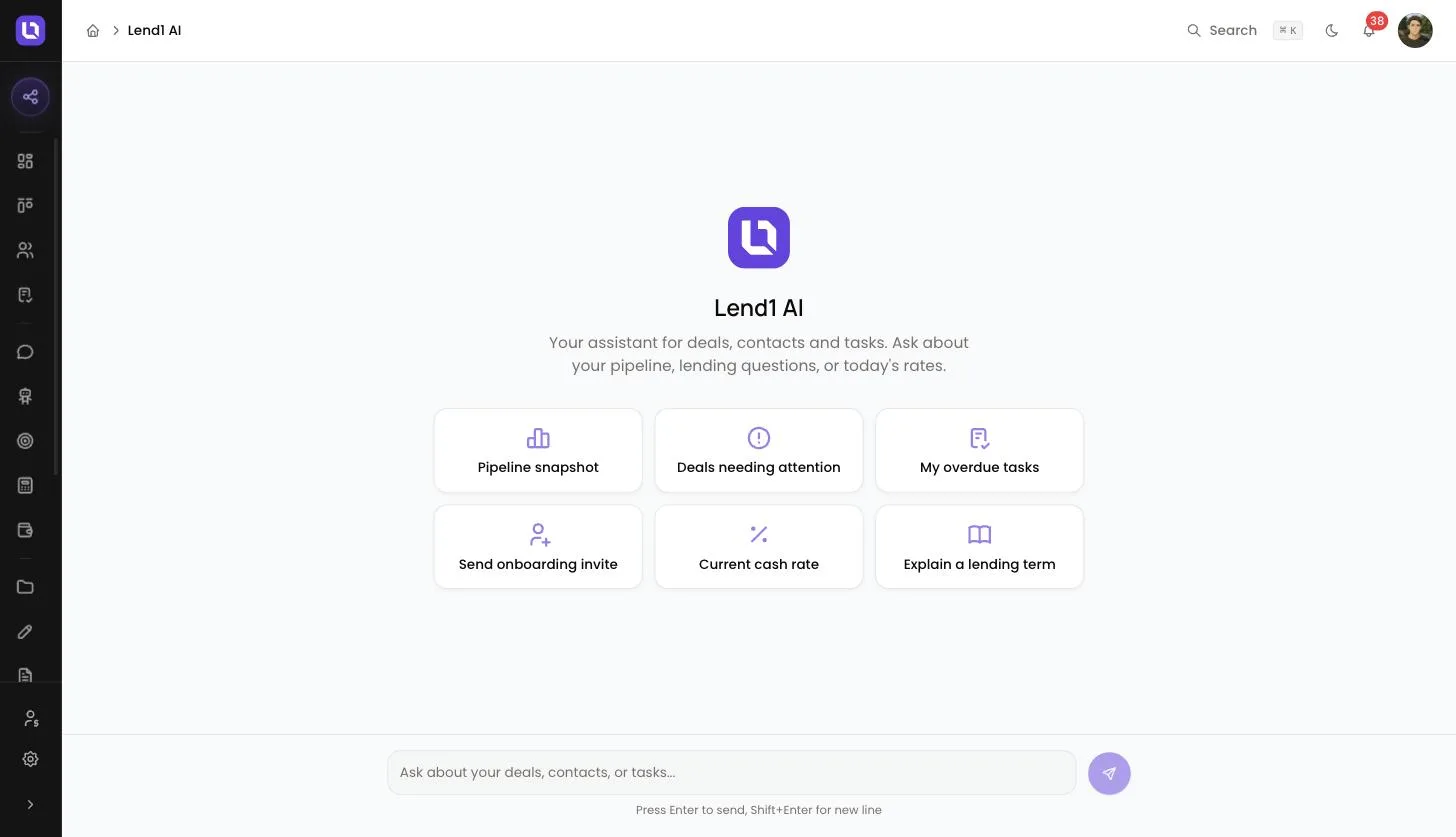 Lend1 AI page showing the welcome screen with six quick prompts and the message box