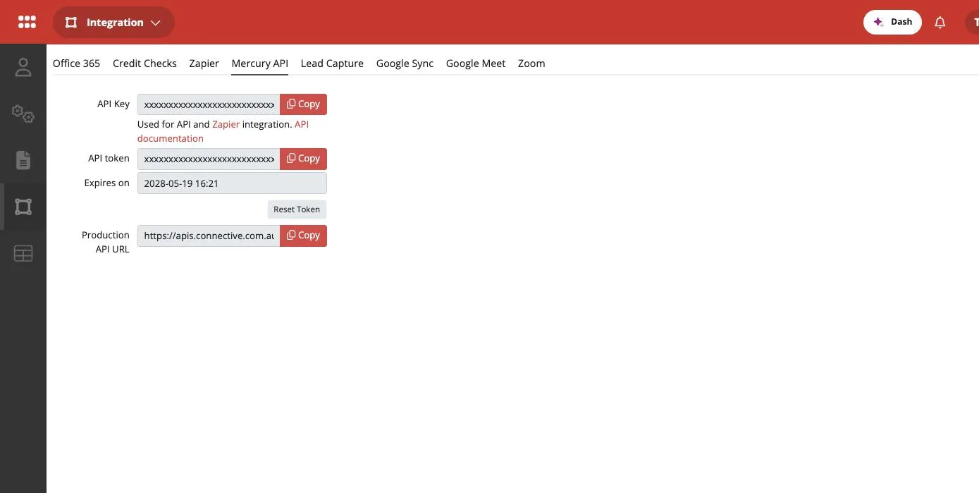 Mercury API tab under Integration in Mercury Nexus Admin, showing the API Key and API token fields with Copy buttons, the token's Expires on date and a Reset Token button