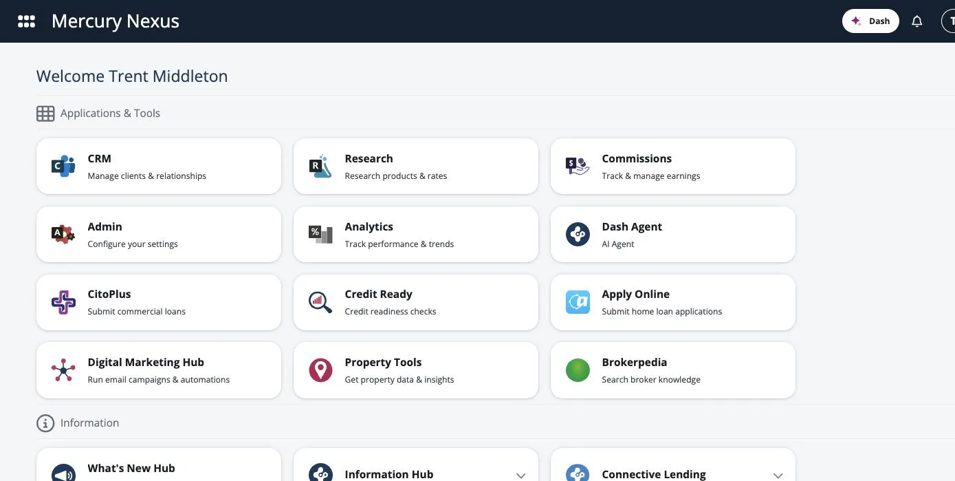 Mercury Nexus welcome screen listing its applications and tools, with the Admin tile in the second row