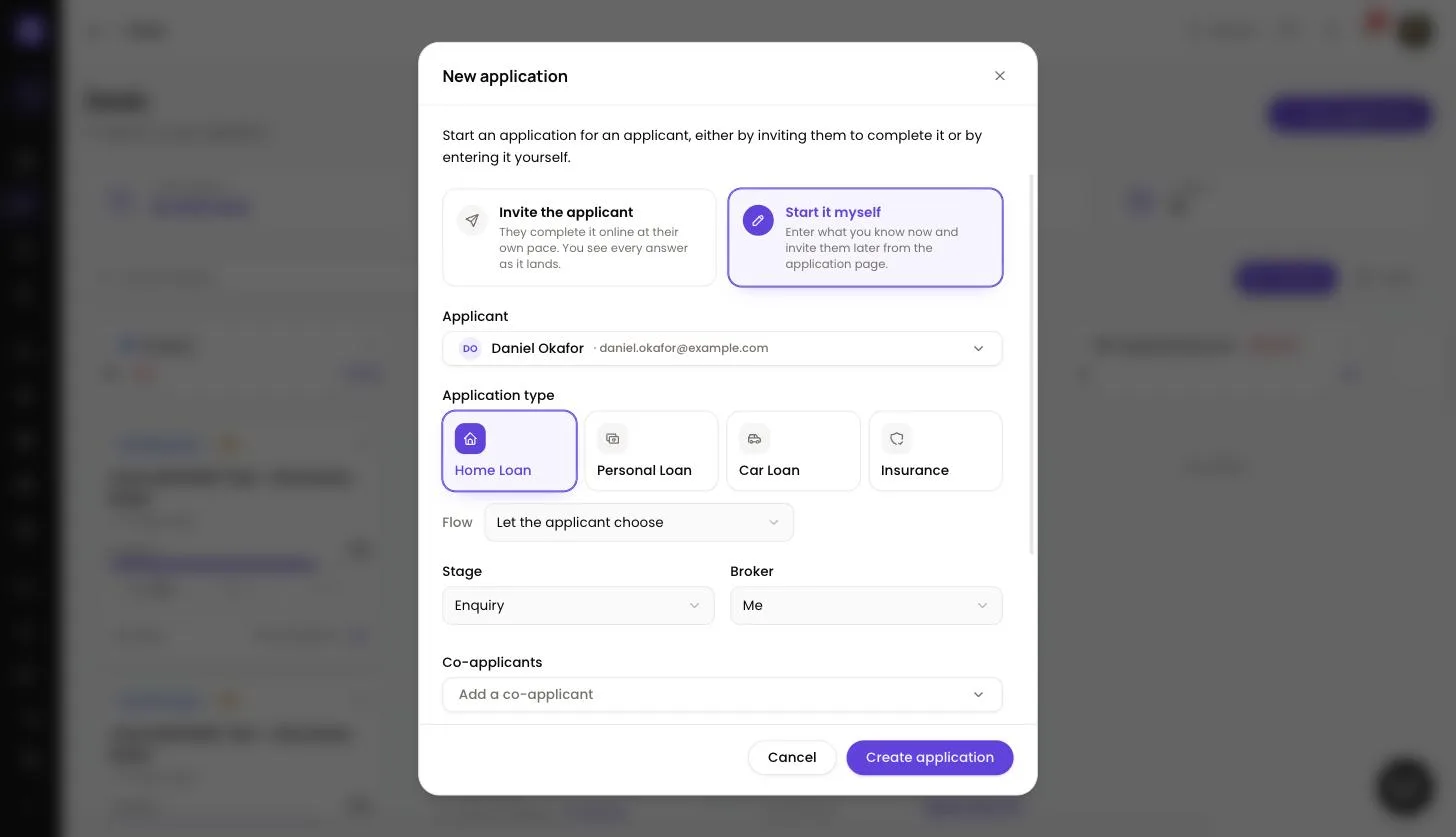 New application dialog with Start it myself selected, an applicant chosen, Home Loan as the application type, and the Stage and Broker fields